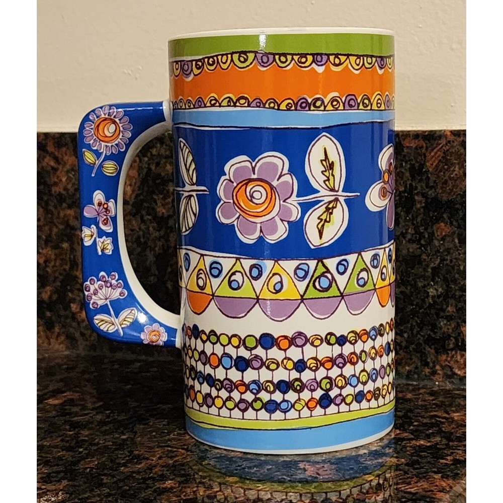 Rare Pier 1 Porcelain Mug Colorful Floral Blue Orange Purple Green 6" Tall - Picture 2 of 9